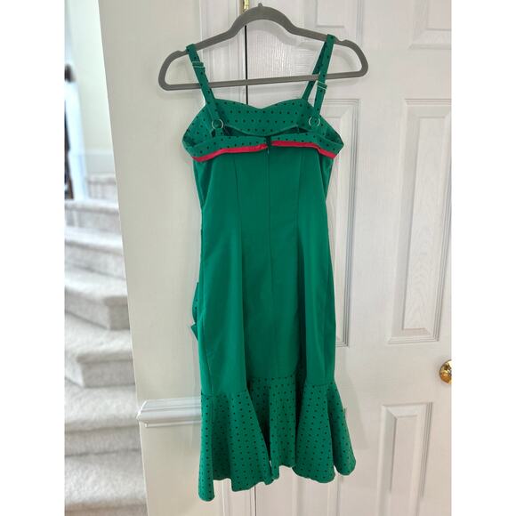 Tatyana Emerald Green & Red Polka Dot Ruffle Hem Sheath Vintage Pinup Rockabilly - Picture 4 of 7